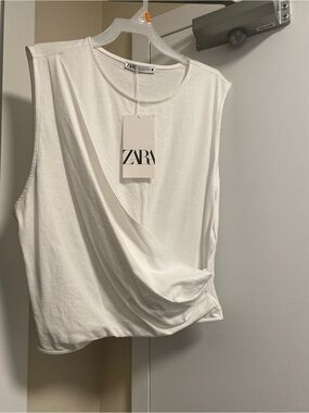 Zara White Draped Sleeveless Tank Top